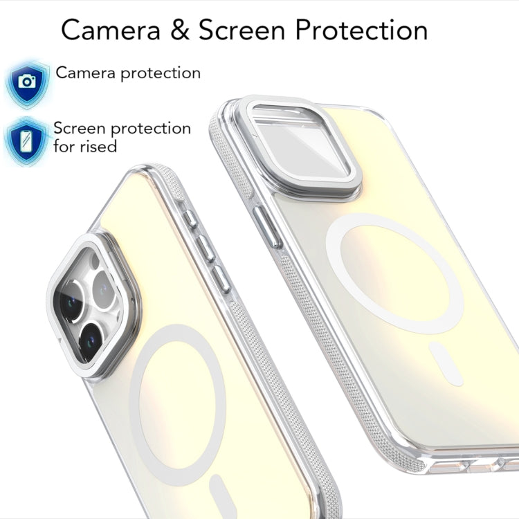 For iPhone 16 Pro Max MagSafe Gradient Color Lens Film Phone Case with Lens Fold Holder(White) - iPhone 16 Pro Max Cases by PMC TechLife | Online Shopping South Africa | PMC TechLife | Buy Now Pay Later Mobicred