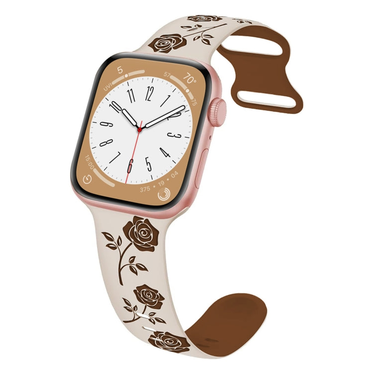 For Apple Watch SE 2023 44mm Two-color Rose Engraved Silicone Watch Band(Starlight Caramel) - free shipping - PMc TechLife - Order now!