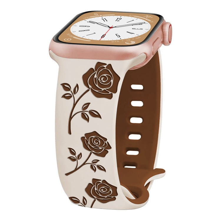 For Apple Watch Series 9 45mm Two-color Rose Engraved Silicone Watch Band(Starlight Caramel) - free shipping - PMc TechLife - Order now!