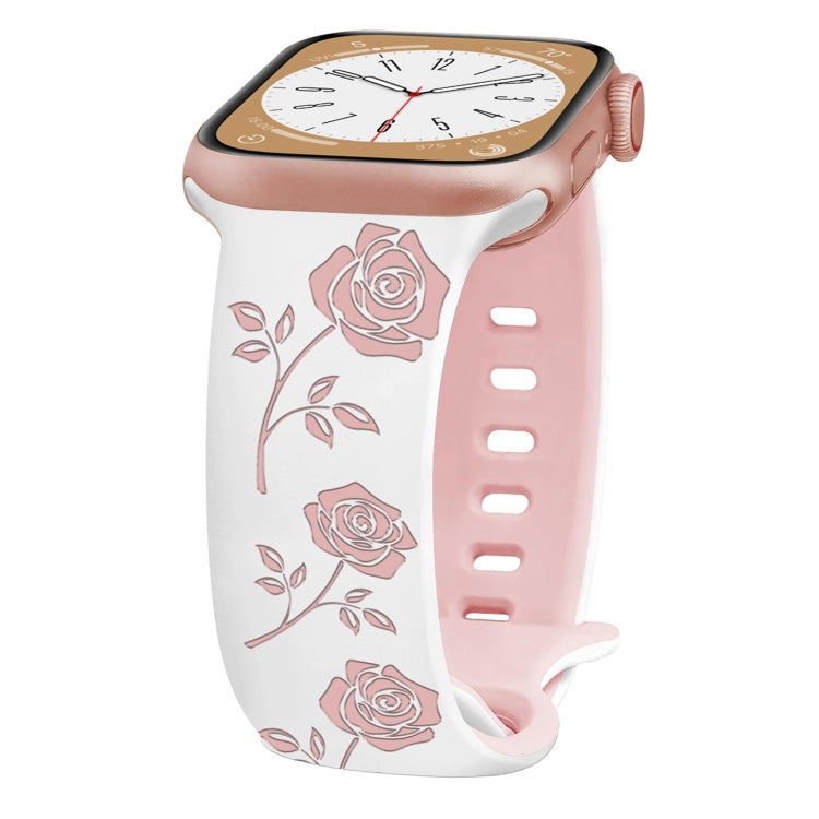 For Apple Watch Series 6 44mm Two-color Rose Engraved Silicone Watch Band(White Pink) - free shipping - PMc TechLife - Order now!