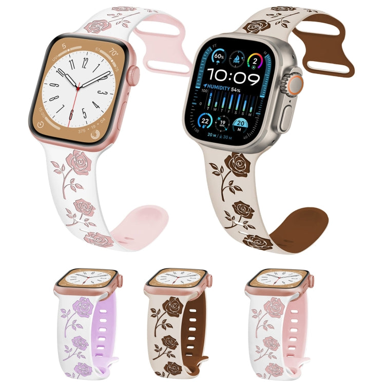 For Apple Watch Series 7 45mm Two-color Rose Engraved Silicone Watch Band(Starlight Caramel) - free shipping - PMc TechLife - Order now!
