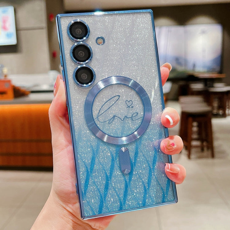 For Samsung Galaxy S25+ 5G Dual-Love Leaves Gradient Glitter MagSafe TPU Phone Case(Blue) - Galaxy S25+ 5G Cases by PMC TechLife | Online Shopping South Africa | PMC TechLife | Buy Now Pay Later Mobicred