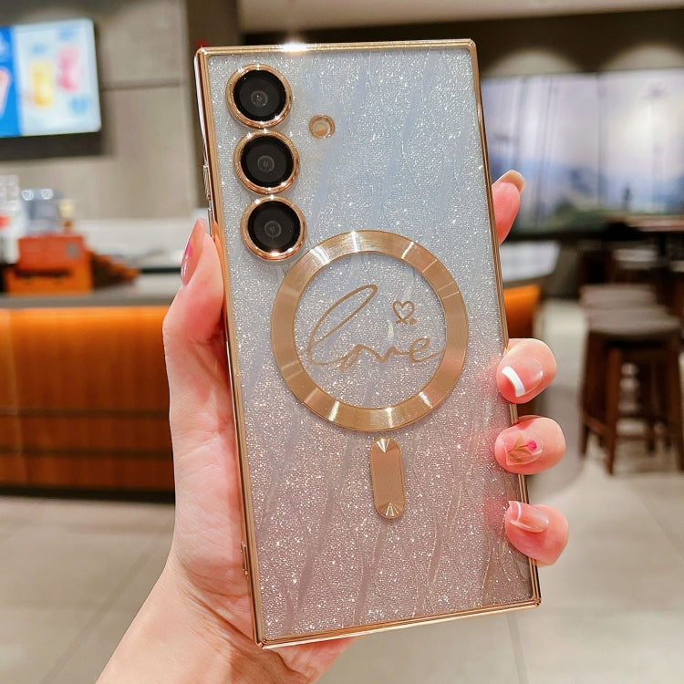 For Samsung Galaxy S25 5G Dual-Love Leaves Gradient Glitter MagSafe TPU Phone Case(Gold) - Galaxy S25 5G Cases by PMC TechLife | Online Shopping South Africa | PMC TechLife | Buy Now Pay Later Mobicred