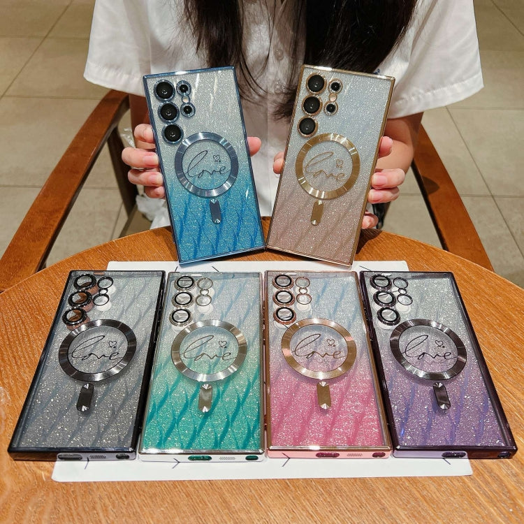 For Samsung Galaxy S25+ 5G Dual-Love Leaves Gradient Glitter MagSafe TPU Phone Case(Blue) - Galaxy S25+ 5G Cases by PMC TechLife | Online Shopping South Africa | PMC TechLife | Buy Now Pay Later Mobicred