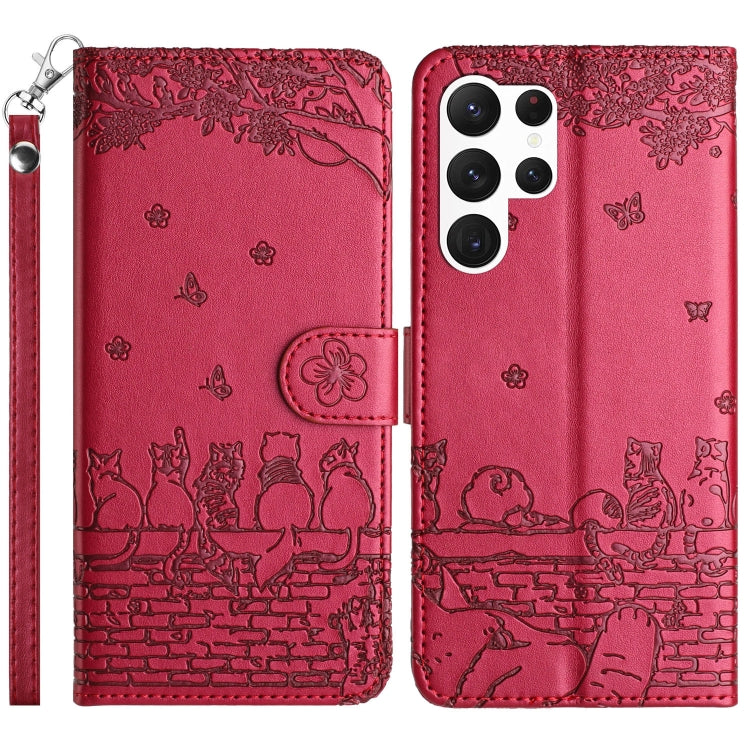For Samsung Galaxy S25 Ultra 5G Cat Embossing Pattern Leather Phone Case with Lanyard(Red) - free shipping - PMC Jewellery - Order now!
