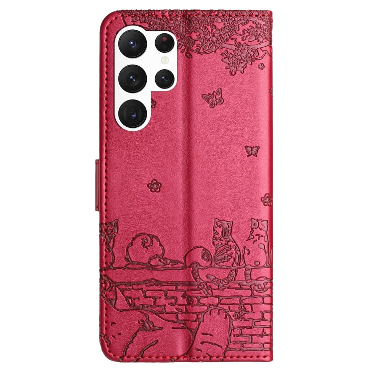 For Samsung Galaxy S25 Ultra 5G Cat Embossing Pattern Leather Phone Case with Lanyard(Red) - free shipping - PMC Jewellery - Order now!