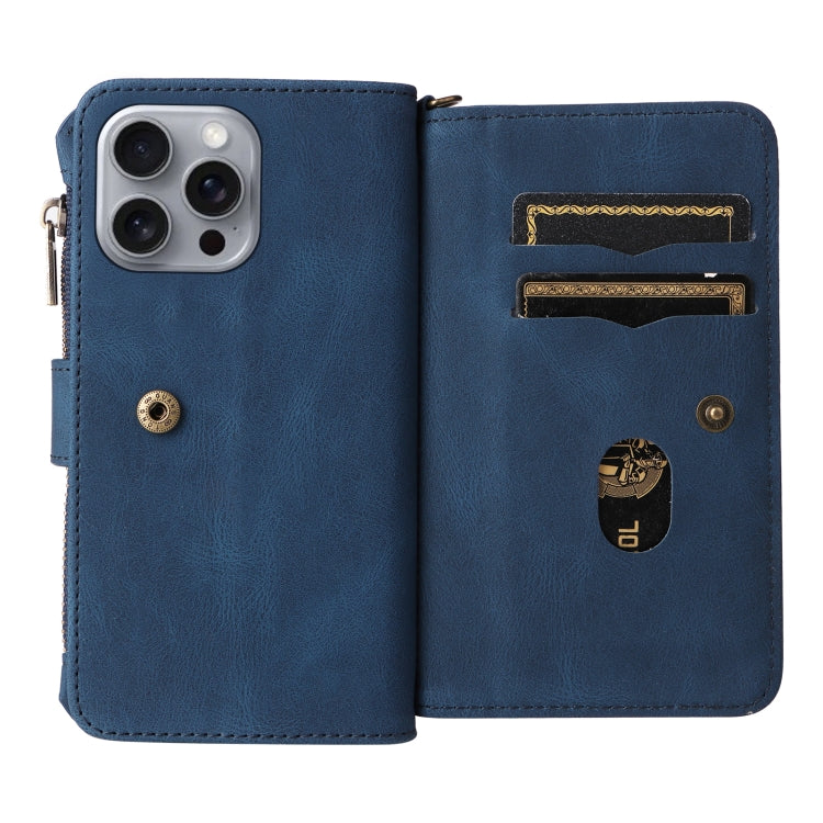 For iPhone 16 Pro Max Skin Feel Multi Card Slots Zipper Wallet Leather Phone Case(Blue) - iPhone 16 Pro Max Cases by PMC TechLife | Online Shopping South Africa | PMC TechLife | Buy Now Pay Later Mobicred