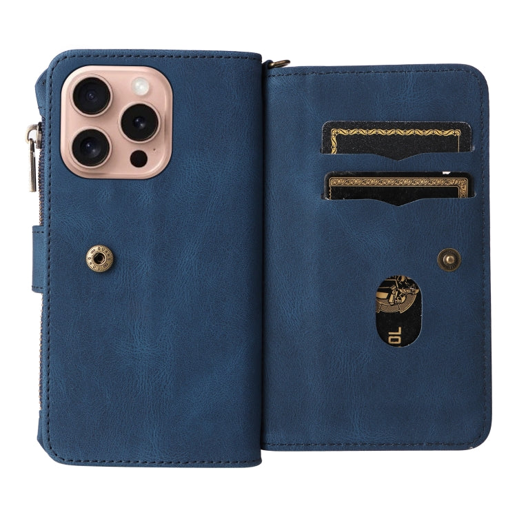 For iPhone 16 Pro Skin Feel Multi Card Slots Zipper Wallet Leather Phone Case(Blue) - iPhone 16 Pro Cases by PMC TechLife | Online Shopping South Africa | PMC TechLife | Buy Now Pay Later Mobicred