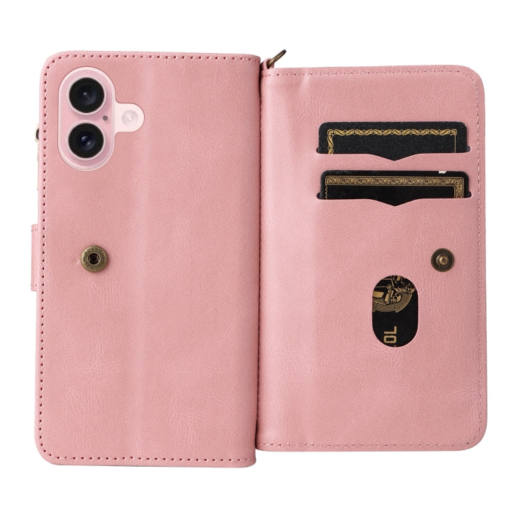 For iPhone 16 Skin Feel Multi Card Slots Zipper Wallet Leather Phone Case(Pink) - iPhone 16 Cases by PMC TechLife | Online Shopping South Africa | PMC TechLife | Buy Now Pay Later Mobicred