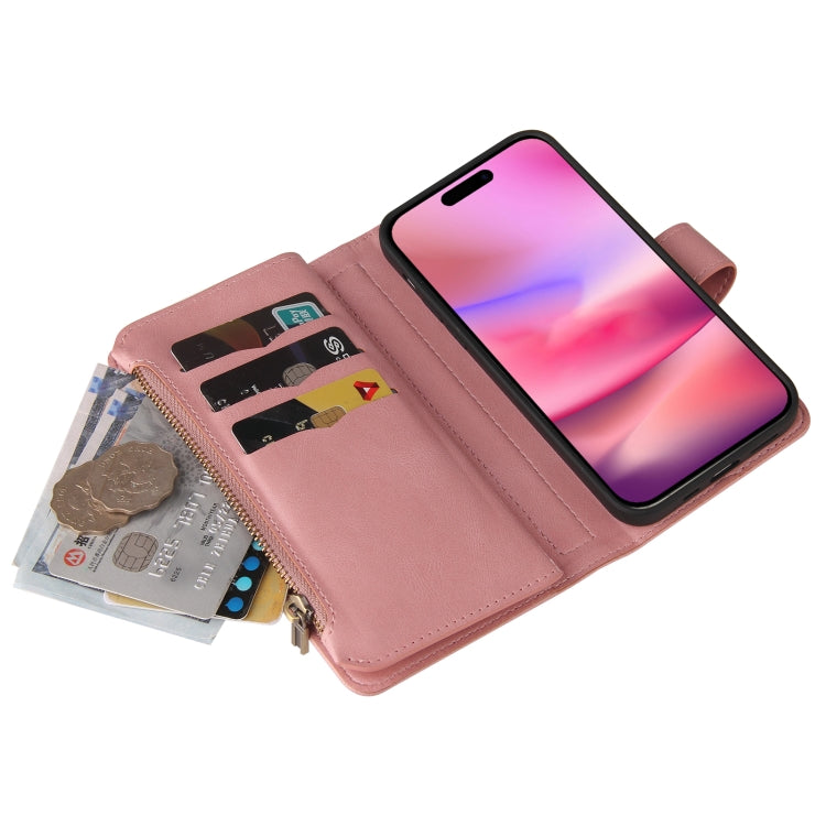 For iPhone 16 Skin Feel Multi Card Slots Zipper Wallet Leather Phone Case(Pink) - iPhone 16 Cases by PMC TechLife | Online Shopping South Africa | PMC TechLife | Buy Now Pay Later Mobicred