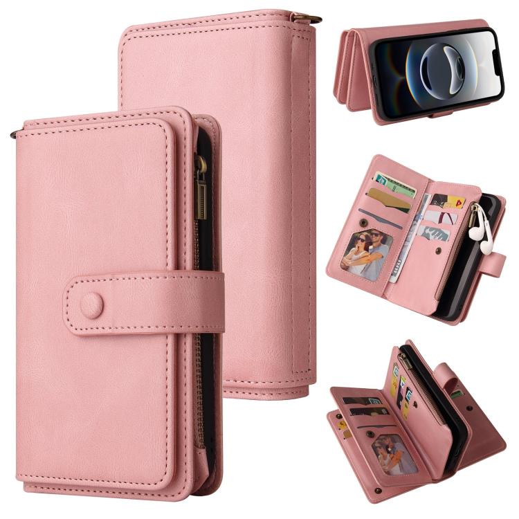 For iPhone 16e Skin Feel Multi Card Slots Zipper Wallet Leather Phone Case(Pink) - iPhone 16e Cases by PMC TechLife | Online Shopping South Africa | PMC TechLife | Buy Now Pay Later Mobicred