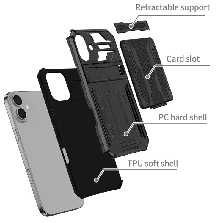 For iPhone 16 Kickstand Armor Card Wallet Phone Case(Black) - iPhone 16 Cases by PMC TechLife | Online Shopping South Africa | PMC TechLife | Buy Now Pay Later Mobicred