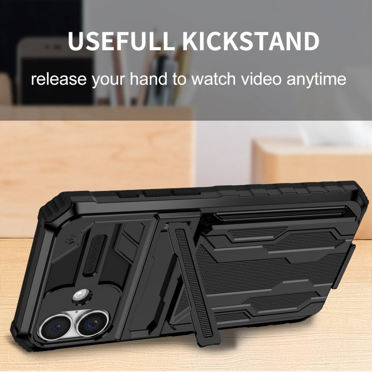For iPhone 16 Kickstand Armor Card Wallet Phone Case(Black) - iPhone 16 Cases by PMC TechLife | Online Shopping South Africa | PMC TechLife | Buy Now Pay Later Mobicred