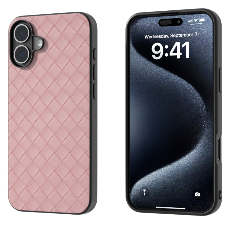 For iPhone 16 Black Frame Woven Texture PU Phone Case(Pink) - iPhone 16 Cases by PMC TechLife | Online Shopping South Africa | PMC TechLife | Buy Now Pay Later Mobicred