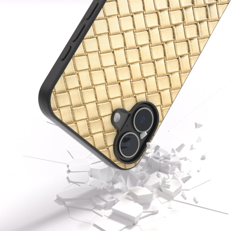 For iPhone 16 Black Frame Woven Texture PU Phone Case(Gold) - iPhone 16 Cases by PMC TechLife | Online Shopping South Africa | PMC TechLife | Buy Now Pay Later Mobicred