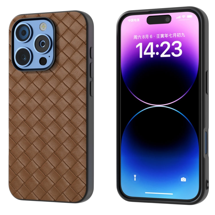For iPhone 16 Pro Black Frame Woven Texture PU Phone Case(Brown) - iPhone 16 Pro Cases by PMC TechLife | Online Shopping South Africa | PMC TechLife | Buy Now Pay Later Mobicred