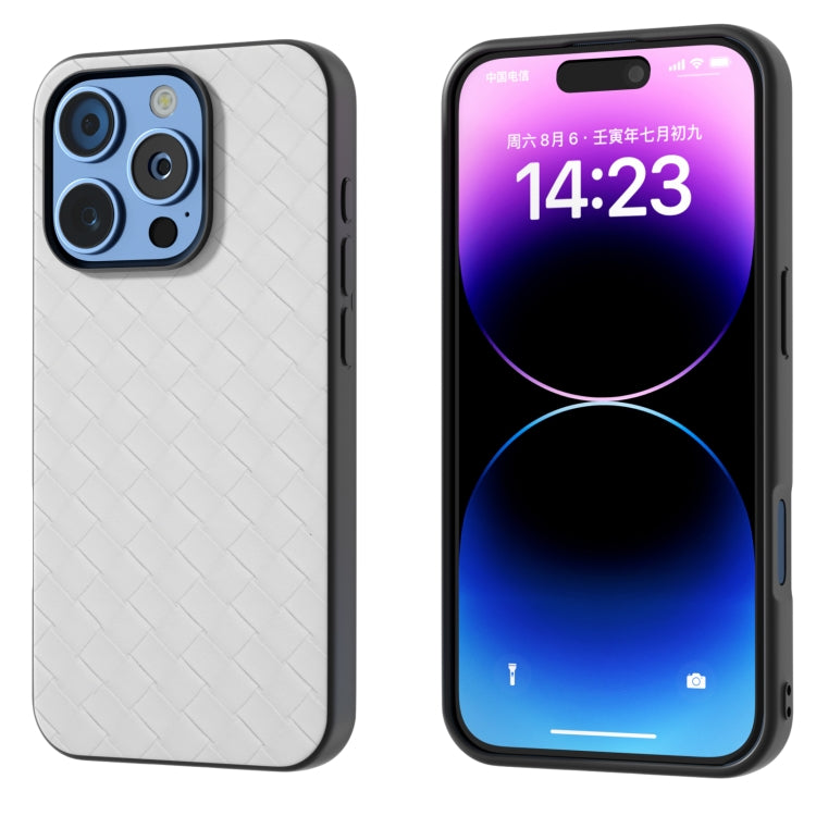 For iPhone 16 Pro Max Black Frame Woven Texture PU Phone Case(White) - iPhone 16 Pro Max Cases by PMC TechLife | Online Shopping South Africa | PMC TechLife | Buy Now Pay Later Mobicred