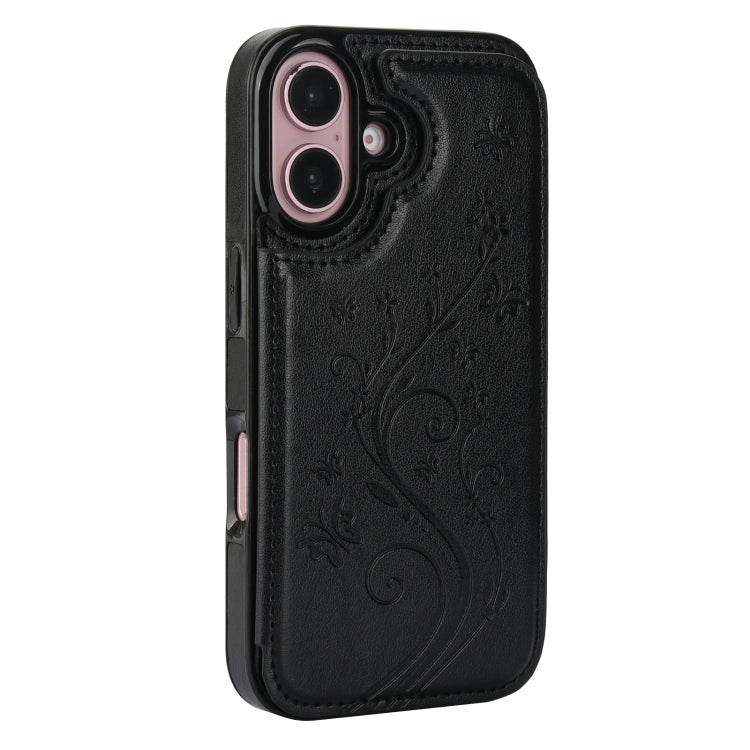 For iPhone 16 Double Buckle Butterfly Embossing PU Phone Case(Black) - iPhone 16 Cases by PMC TechLife | Online Shopping South Africa | PMC TechLife | Buy Now Pay Later Mobicred