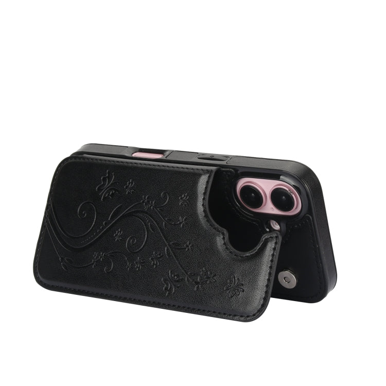 For iPhone 16 Double Buckle Butterfly Embossing PU Phone Case(Black) - iPhone 16 Cases by PMC TechLife | Online Shopping South Africa | PMC TechLife | Buy Now Pay Later Mobicred