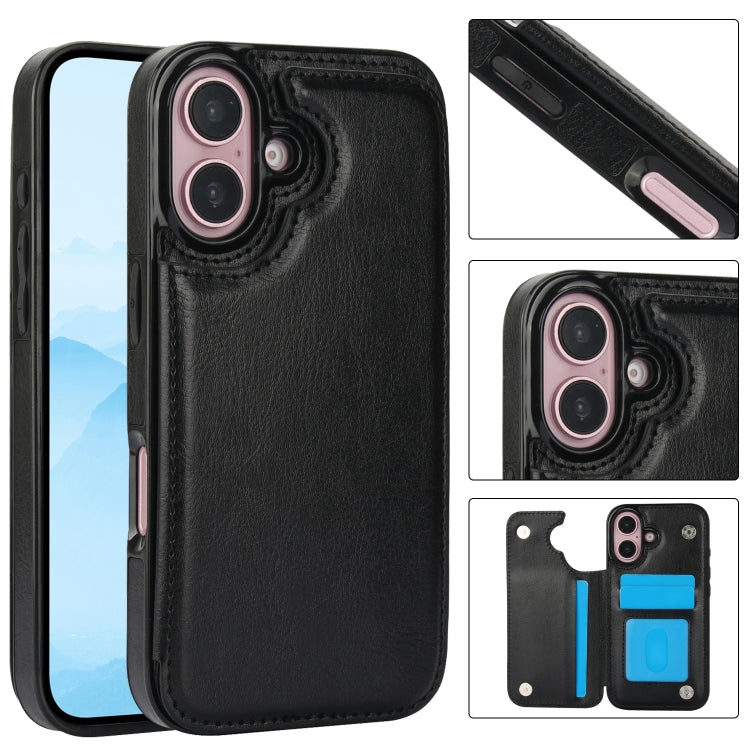 For iPhone 16 Double Buckle Crazy Horse Texture PU Phone Case(Black) - iPhone 16 Cases by PMC TechLife | Online Shopping South Africa | PMC TechLife | Buy Now Pay Later Mobicred