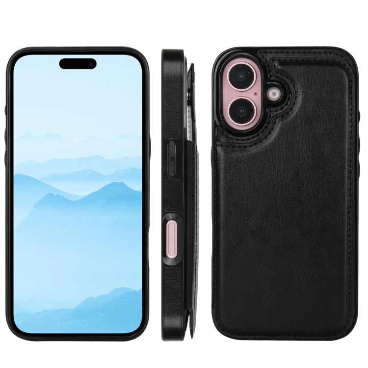 For iPhone 16 Double Buckle Crazy Horse Texture PU Phone Case(Black) - iPhone 16 Cases by PMC TechLife | Online Shopping South Africa | PMC TechLife | Buy Now Pay Later Mobicred