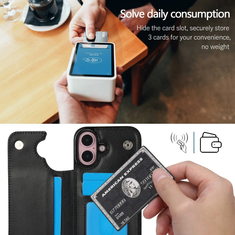 For iPhone 16 Double Buckle Crazy Horse Texture PU Phone Case(Black) - iPhone 16 Cases by PMC TechLife | Online Shopping South Africa | PMC TechLife | Buy Now Pay Later Mobicred