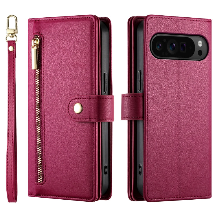 For Google Pixel 9 Pro XL Nine Card-slot Zipper Wallet Bag Leather Phone Case(Red) - Google Cases by PMC TechLife | Online Shopping South Africa | PMC TechLife | Buy Now Pay Later Mobicred