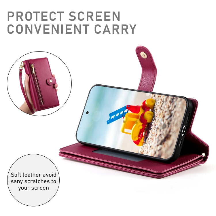 For Google Pixel 9 Pro XL Nine Card-slot Zipper Wallet Bag Leather Phone Case(Red) - Google Cases by PMC TechLife | Online Shopping South Africa | PMC TechLife | Buy Now Pay Later Mobicred