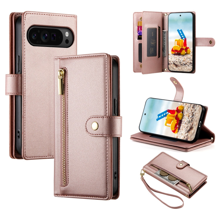 For Google Pixel 9 Pro XL Nine Card-slot Zipper Wallet Bag Leather Phone Case(Pink) - Google Cases by PMC TechLife | Online Shopping South Africa | PMC TechLife | Buy Now Pay Later Mobicred