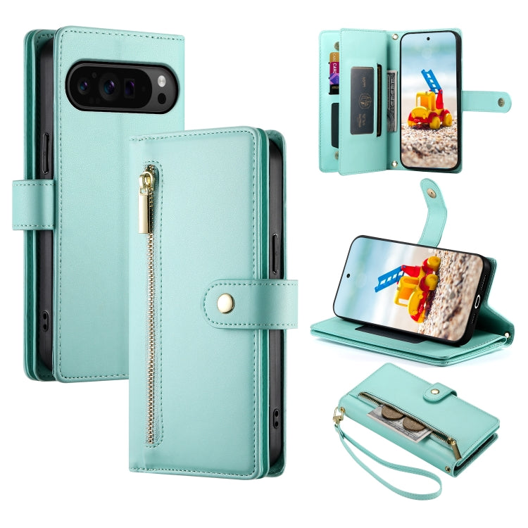 For Google Pixel 9 Pro XL Nine Card-slot Zipper Wallet Bag Leather Phone Case(Mint Green) - Google Cases by PMC TechLife | Online Shopping South Africa | PMC TechLife | Buy Now Pay Later Mobicred