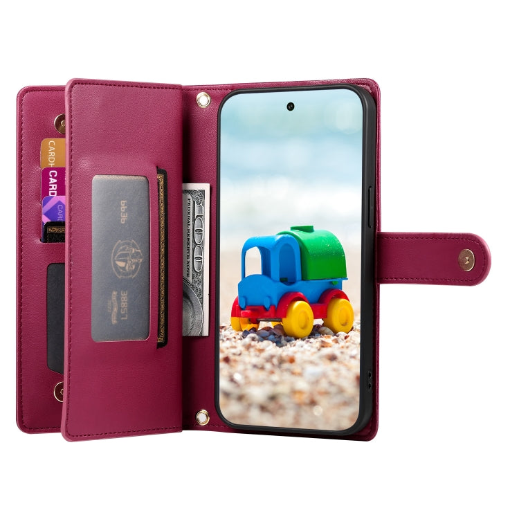 For Google Pixel 9 / 9 Pro Nine Card-slot Zipper Wallet Bag Leather Phone Case(Red) - Google Cases by PMC TechLife | Online Shopping South Africa | PMC TechLife | Buy Now Pay Later Mobicred
