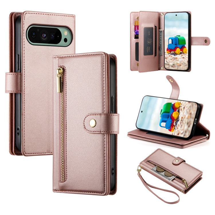 For Google Pixel 9 / 9 Pro Nine Card-slot Zipper Wallet Bag Leather Phone Case(Pink) - Google Cases by PMC TechLife | Online Shopping South Africa | PMC TechLife | Buy Now Pay Later Mobicred