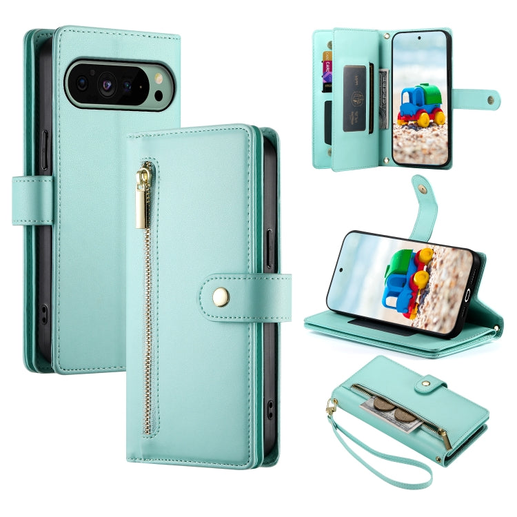 For Google Pixel 9 / 9 Pro Nine Card-slot Zipper Wallet Bag Leather Phone Case(Mint Green) - Google Cases by PMC TechLife | Online Shopping South Africa | PMC TechLife | Buy Now Pay Later Mobicred