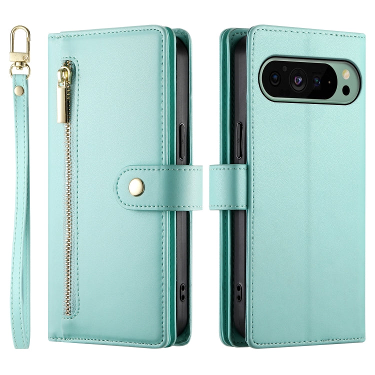 For Google Pixel 9 / 9 Pro Nine Card-slot Zipper Wallet Bag Leather Phone Case(Mint Green) - Google Cases by PMC TechLife | Online Shopping South Africa | PMC TechLife | Buy Now Pay Later Mobicred