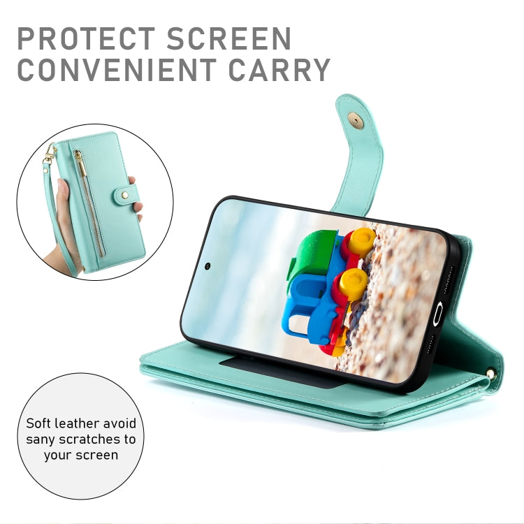 For Google Pixel 9 / 9 Pro Nine Card-slot Zipper Wallet Bag Leather Phone Case(Mint Green) - Google Cases by PMC TechLife | Online Shopping South Africa | PMC TechLife | Buy Now Pay Later Mobicred