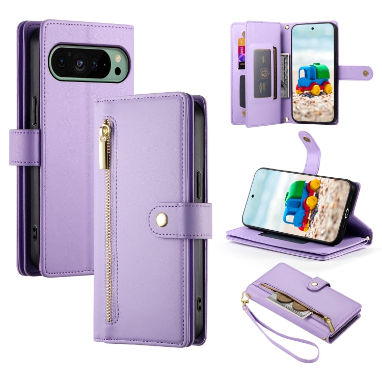 For Google Pixel 9 / 9 Pro Nine Card-slot Zipper Wallet Bag Leather Phone Case(Purple) - Google Cases by PMC TechLife | Online Shopping South Africa | PMC TechLife | Buy Now Pay Later Mobicred