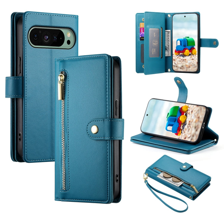 For Google Pixel 9 / 9 Pro Nine Card-slot Zipper Wallet Bag Leather Phone Case(Blue) - Google Cases by PMC TechLife | Online Shopping South Africa | PMC TechLife | Buy Now Pay Later Mobicred