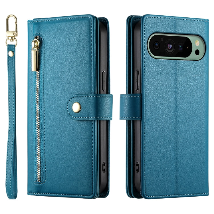 For Google Pixel 9 / 9 Pro Nine Card-slot Zipper Wallet Bag Leather Phone Case(Blue) - Google Cases by PMC TechLife | Online Shopping South Africa | PMC TechLife | Buy Now Pay Later Mobicred