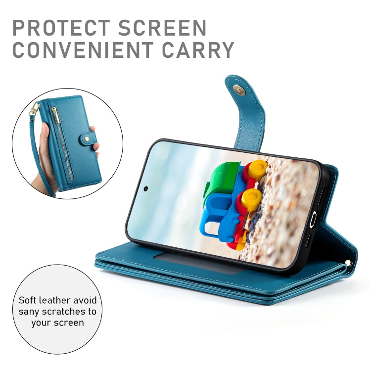 For Google Pixel 9 / 9 Pro Nine Card-slot Zipper Wallet Bag Leather Phone Case(Blue) - Google Cases by PMC TechLife | Online Shopping South Africa | PMC TechLife | Buy Now Pay Later Mobicred