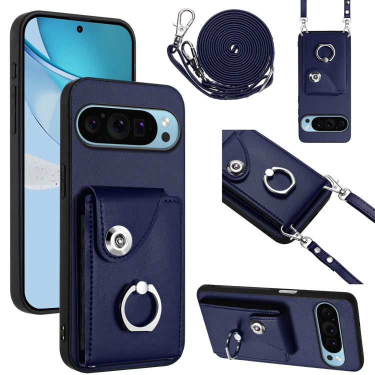 For Google Pixel 9 / 9 Pro Organ Card Bag Ring Holder Phone Case with Long Lanyard(Blue) - Google Cases by PMC TechLife | Online Shopping South Africa | PMC TechLife | Buy Now Pay Later Mobicred