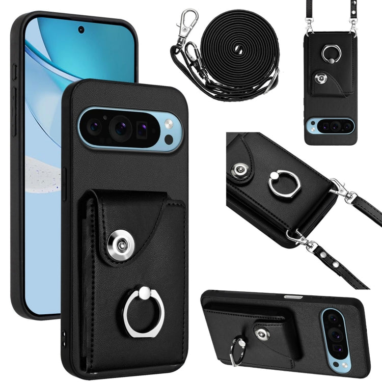 For Google Pixel 9 / 9 Pro Organ Card Bag Ring Holder Phone Case with Long Lanyard(Black) - Google Cases by PMC TechLife | Online Shopping South Africa | PMC TechLife | Buy Now Pay Later Mobicred