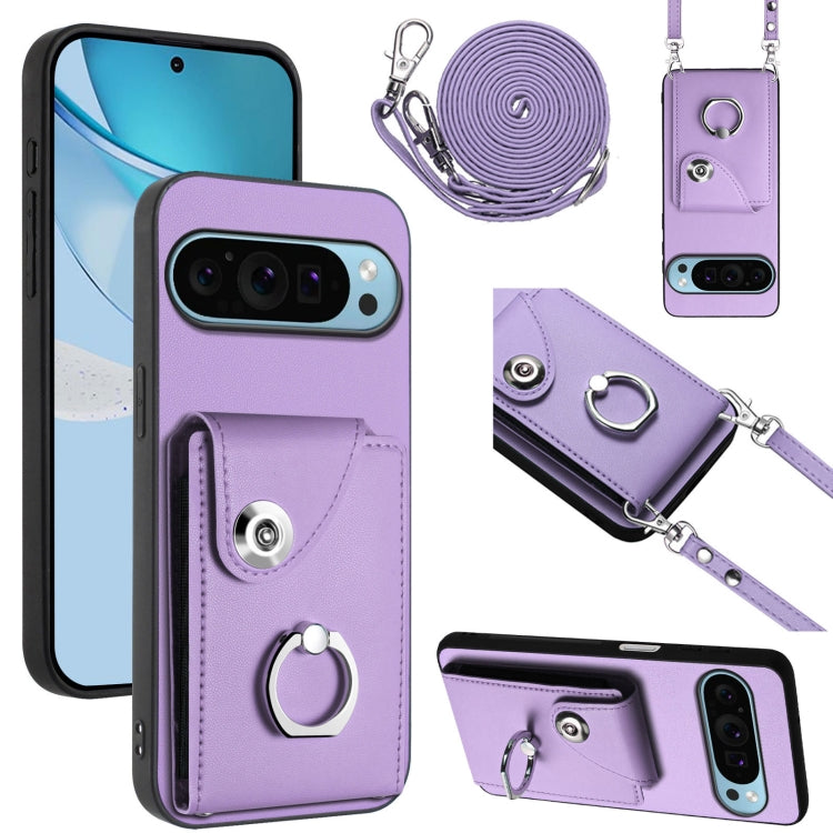 For Google Pixel 9 Pro XL Organ Card Bag Ring Holder Phone Case with Long Lanyard(Purple) - Google Cases by PMC TechLife | Online Shopping South Africa | PMC TechLife | Buy Now Pay Later Mobicred