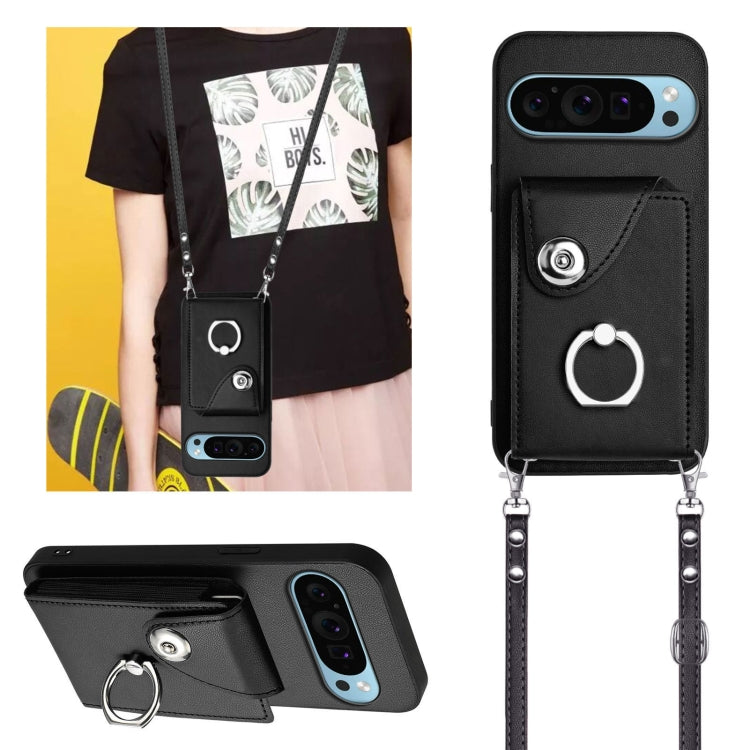For Google Pixel 9 Pro XL Organ Card Bag Ring Holder Phone Case with Long Lanyard(Black) - Google Cases by PMC TechLife | Online Shopping South Africa | PMC TechLife | Buy Now Pay Later Mobicred