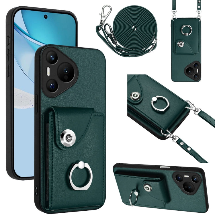 For Huawei Pura 70 Organ Card Bag Ring Holder Phone Case with Long Lanyard(Green) - free shipping - PMC Jewellery - Order now!