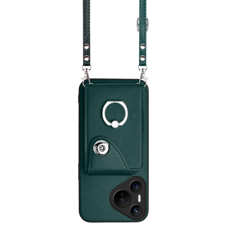 For Huawei Pura 70 Organ Card Bag Ring Holder Phone Case with Long Lanyard(Green) - free shipping - PMC Jewellery - Order now!
