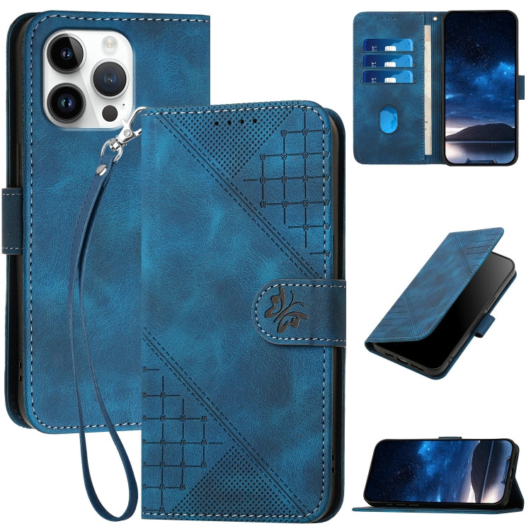 For iPhone 16 Pro Max YX0080 Grid Butterfly Embossed Pattern Flip Leather Phone Case with Lanyard(Dark Blue) - iPhone 16 Pro Max Cases by PMC TechLife | Online Shopping South Africa | PMC TechLife | Buy Now Pay Later Mobicred