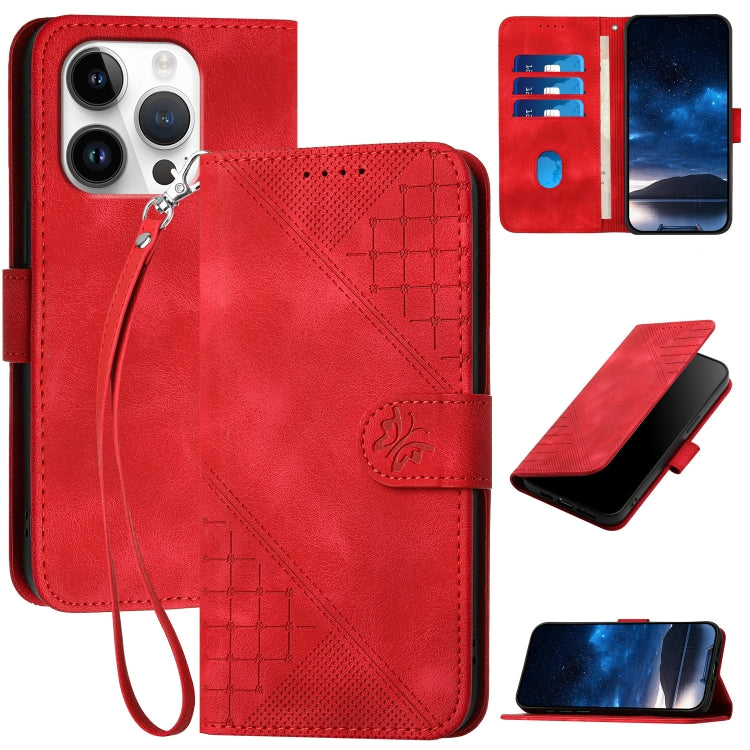 For iPhone 16 Pro YX0080 Grid Butterfly Embossed Pattern Flip Leather Phone Case with Lanyard(Red) - iPhone 16 Pro Cases by PMC TechLife | Online Shopping South Africa | PMC TechLife | Buy Now Pay Later Mobicred