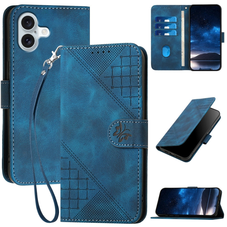 For iPhone 16 Plus YX0080 Grid Butterfly Embossed Pattern Flip Leather Phone Case with Lanyard(Dark Blue) - iPhone 16 Plus Cases by PMC TechLife | Online Shopping South Africa | PMC TechLife | Buy Now Pay Later Mobicred