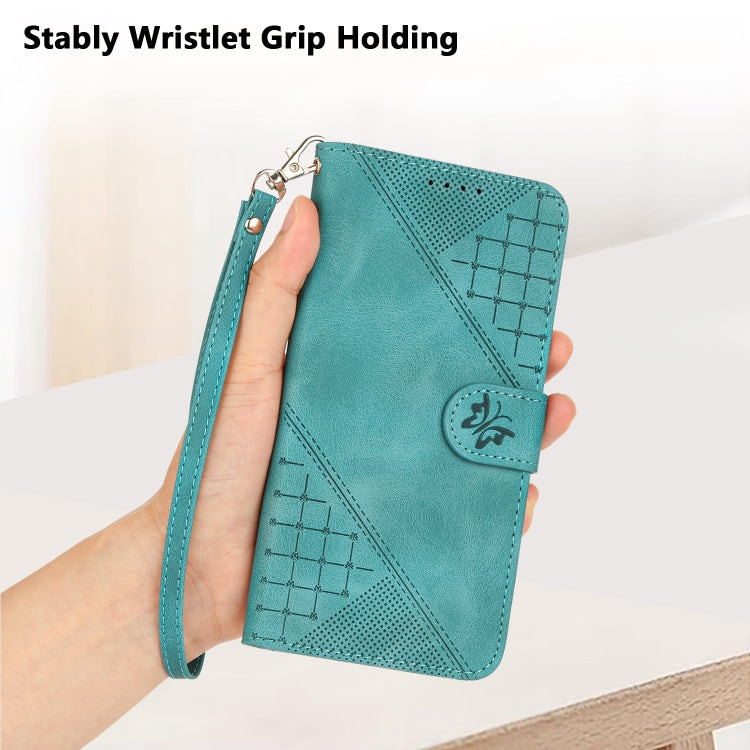 For iPhone 16e YX0080 Grid Butterfly Embossed Pattern Flip Leather Phone Case with Lanyard(Light Blue) - iPhone 16e Cases by PMC TechLife | Online Shopping South Africa | PMC TechLife | Buy Now Pay Later Mobicred