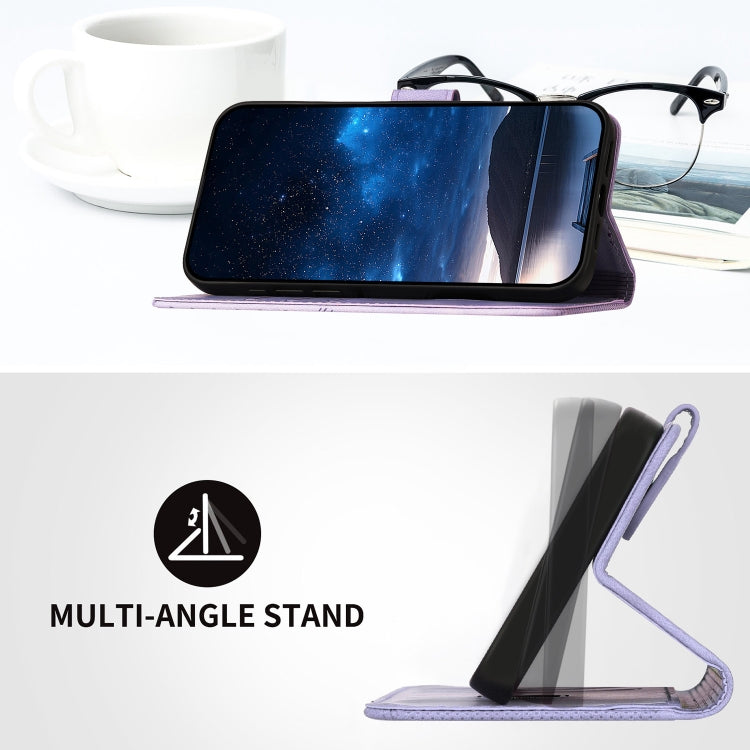 For iPhone 16e YX0080 Grid Butterfly Embossed Pattern Flip Leather Phone Case with Lanyard(Light Purple) - iPhone 16e Cases by PMC TechLife | Online Shopping South Africa | PMC TechLife | Buy Now Pay Later Mobicred